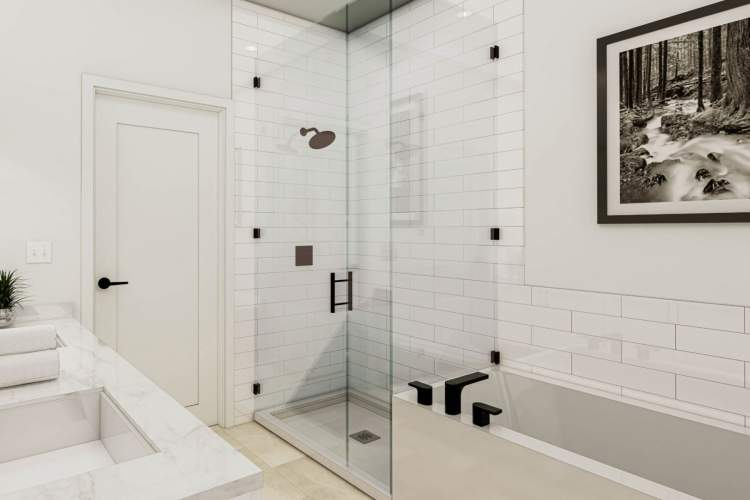 Sleek 12" x 24" tile flooring and 4" x 16" tile bath and shower surrounds.
