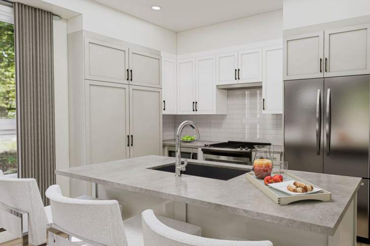 Feature slab cabinets, stainless steel appliances, and engineered stone countertops.