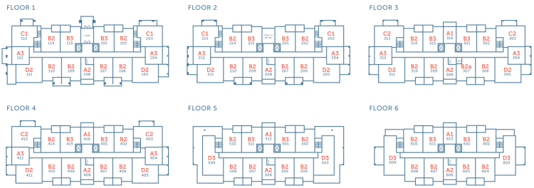 Floor Plans for York Residences - Building A unit plan for each floor.