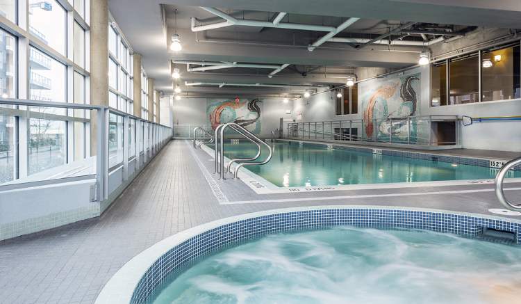 Amenities at Riva - A fitness centre in Riva 1 includes an indoor pool, hot tub, sauna, and steam room.