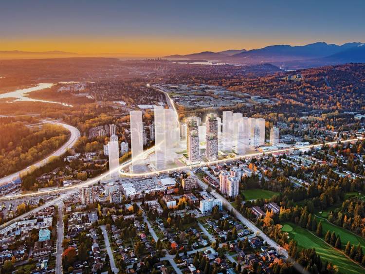 A mixed-use Burnaby development of four towers with condos, apartments, and commercial space.