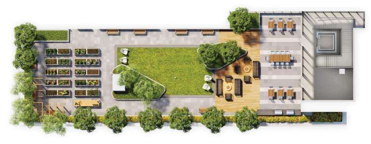 Rooftop terrace with a lounge, dining space, community garden, lawn, and seating areas.