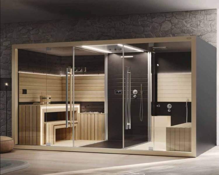 Sauna, shower and hammam create a modular space to meet all your wellness needs.