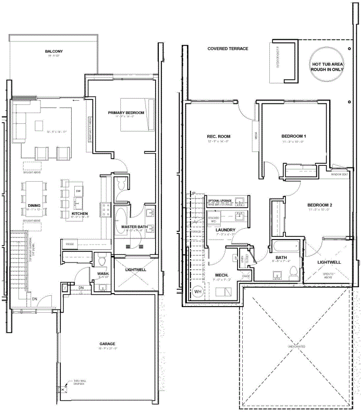 Master-on-main, 2-level floorplan concept with three bedrooms and 2.5 bathrooms.