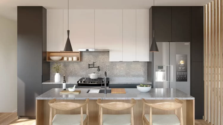 Dual-tone kitchen with Kohler Task sink, Bosch appliances, and Samsung Smart refrigerator.
