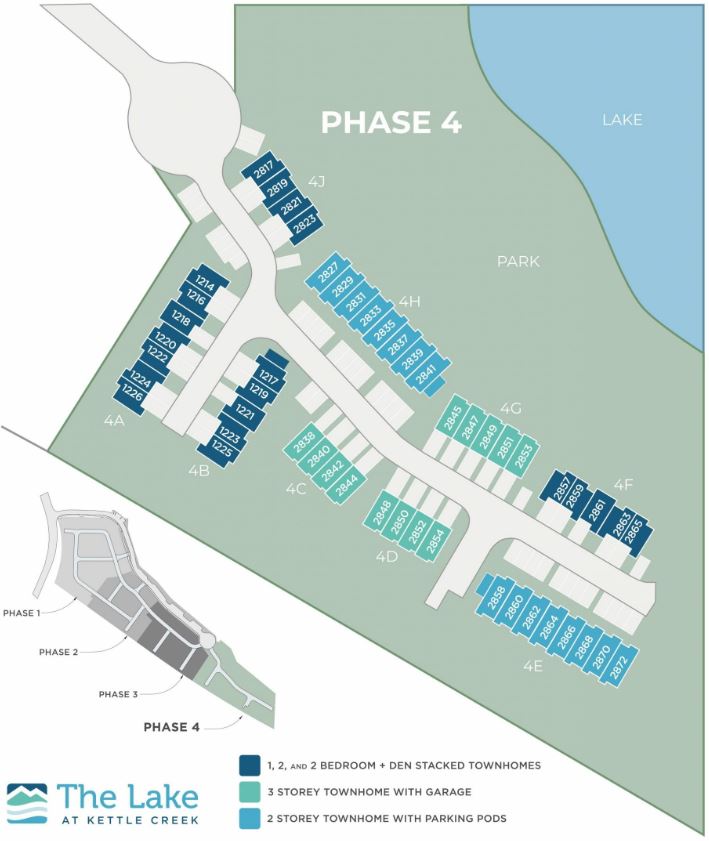 Map showing locations of 1-, 2-, & 2-bedroom + den townhomes.
