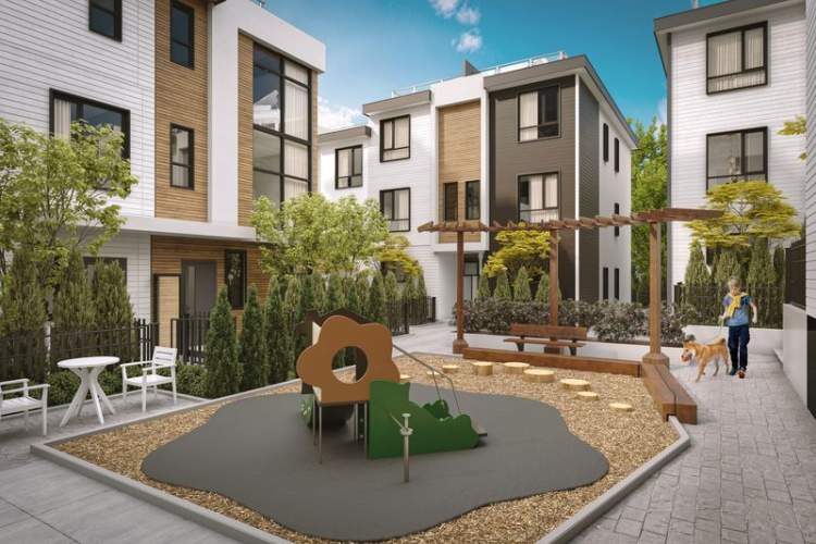 A central courtyard provides residents with seating areas and a kid's play space.