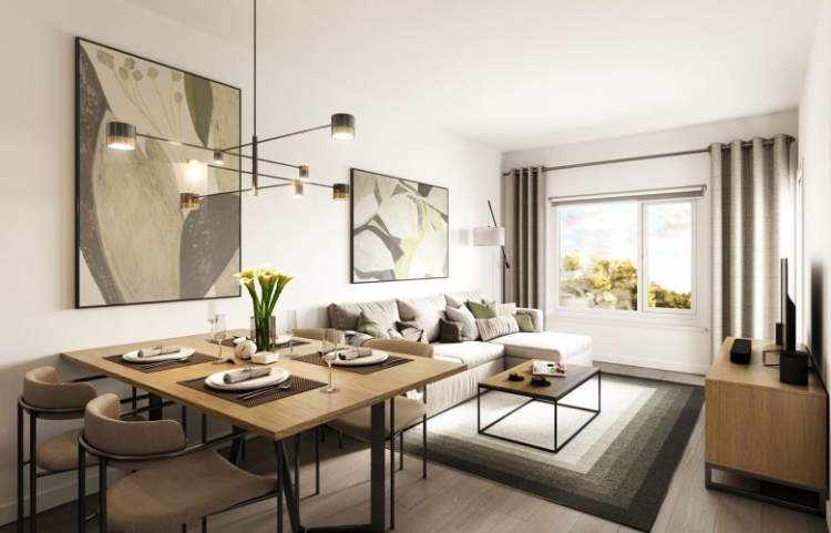 Open-concept floorplans offer a choice of two designer colour schemes: Olive or Onyx.