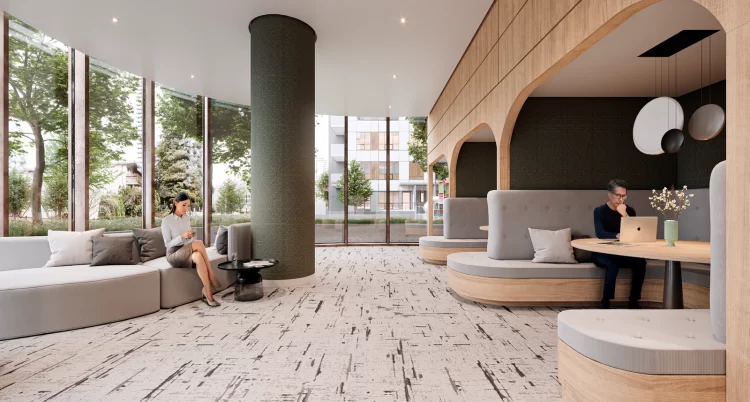 Ground-level amenities include a WeWork-style lounge.