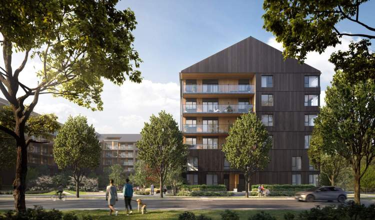 A U-shaped, 6-storey building with 219 Port Moody condominiums and townhomes.