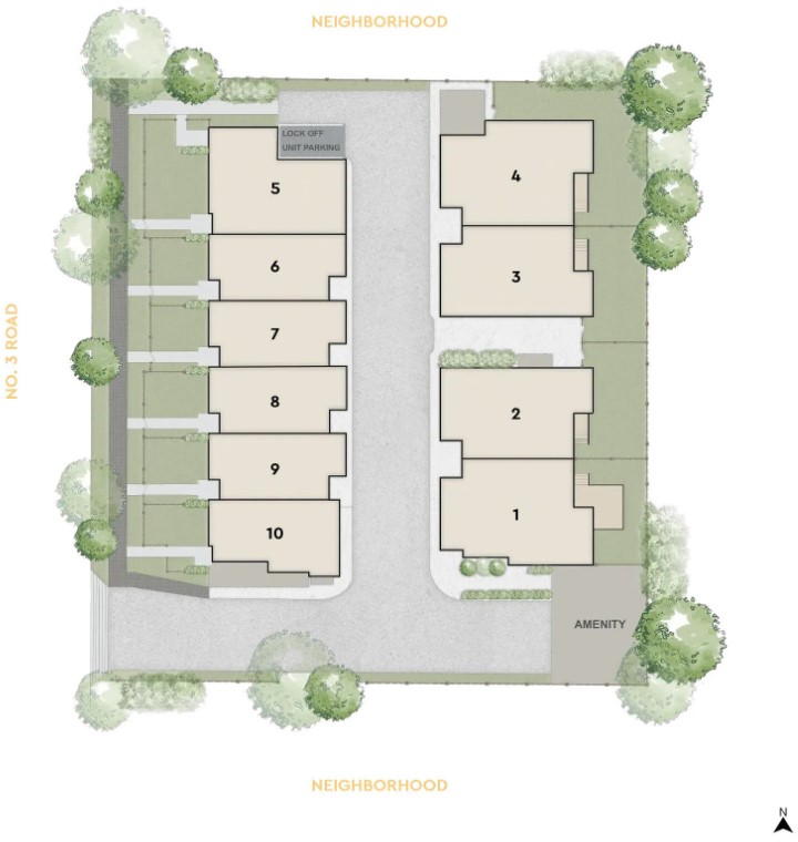 One 3-storey hexaplex and two 2-storey duplexes offer 10 townhomes.