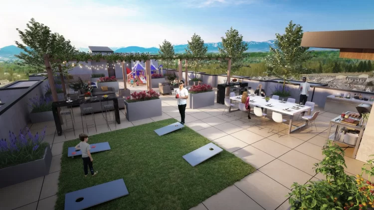 Unison offers rooftop patios on each building with an outdoor barbeque lounge and a games area.