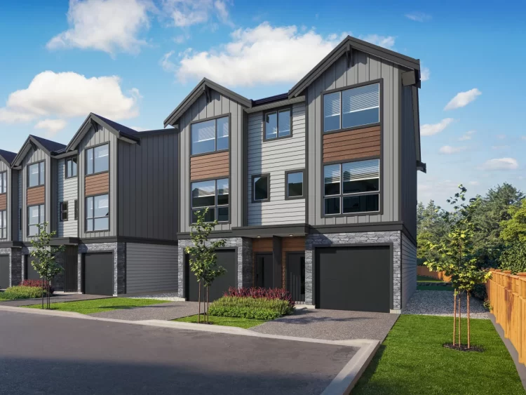 Exterior of 3-storey, 3-bedroom duplex townhomes at Westhills, Langford.