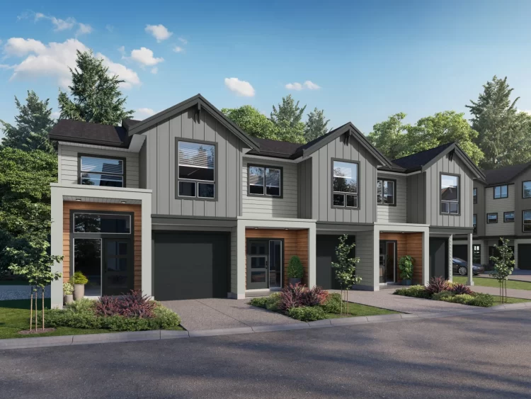 Exterior of 2-storey, 3-bedroom triplex townhomes at Westhills, Langford.