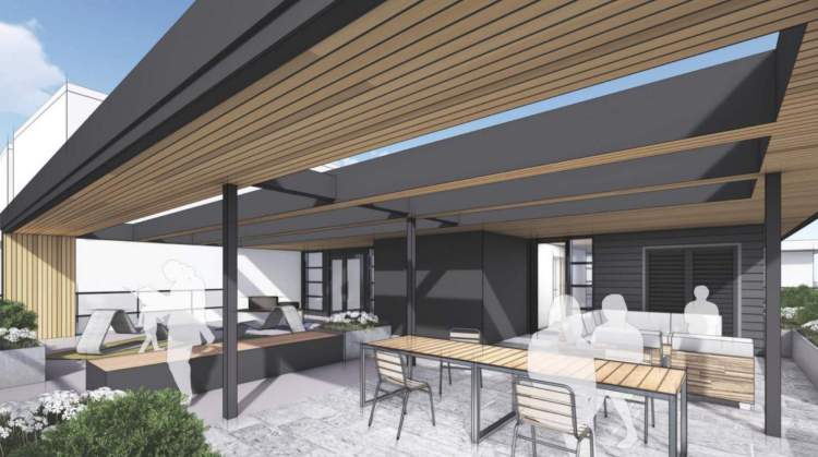 The covered rooftop terrace features social spaces.