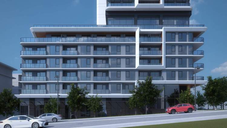 A 34-storey tower with ground-level retail space, 7 townhomes, and 370 condominiums.