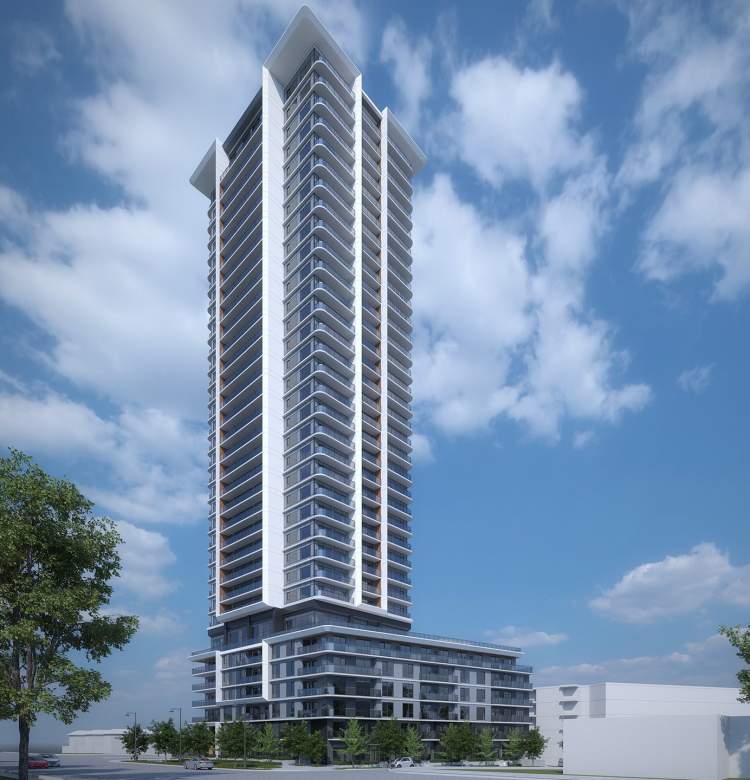 A 34-storey, mixed-use highrise with a 6-storey podium and 6-level parkade.