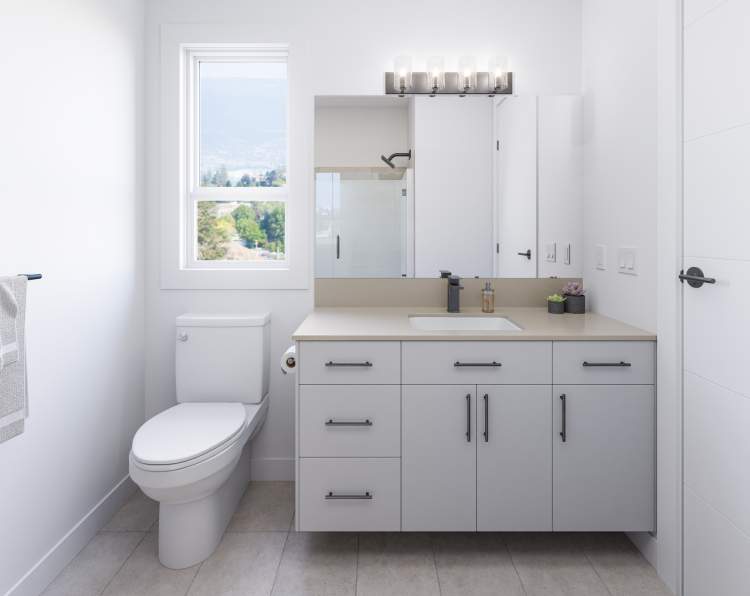 Bathrooms feature flat-panel vanity cabinets, quartz countertops, and matte black fixtures.