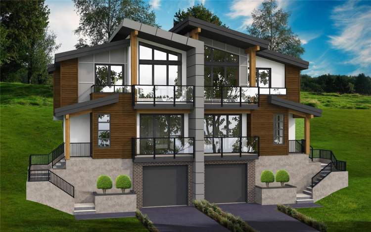 Rendering of a duplex showing one of two exterior finishes.