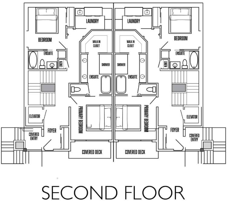 Second floor includes 2 bedrooms, 2 en suites, a laundry, and covered deck.