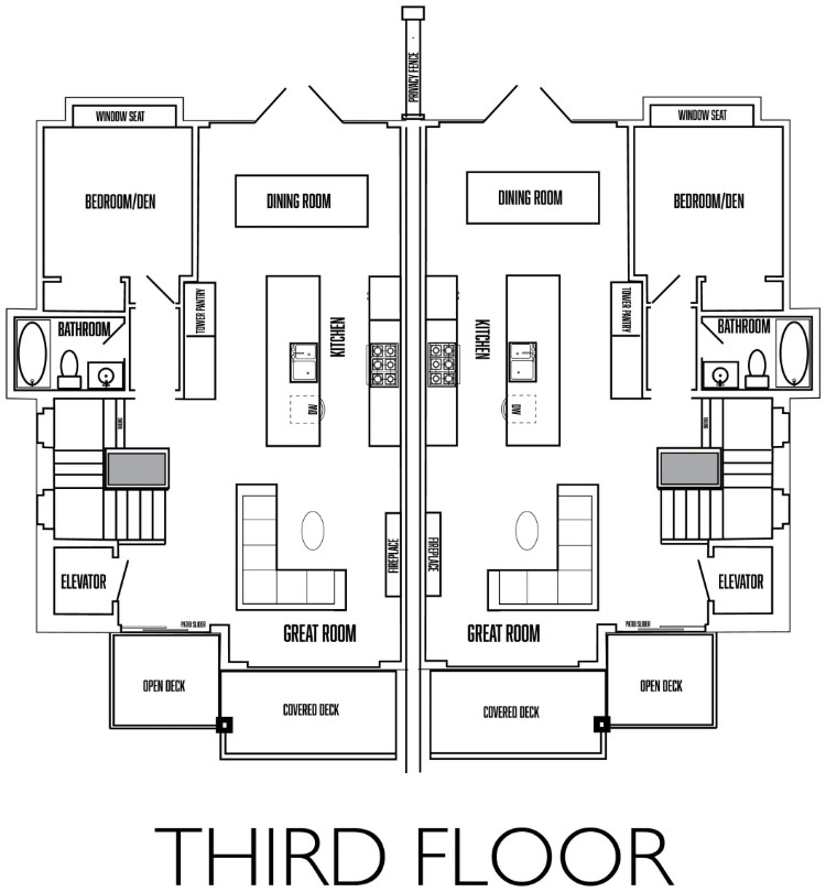The living room, kitchen, dining room, a bedroom, bathroom, and deck are on the third floor.
