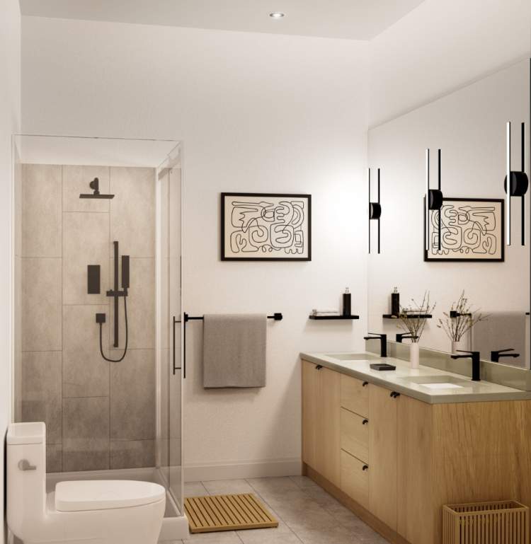 Spa bathrooms with imported tiling, frameless glass enclosures, and matte black designer fixtures.