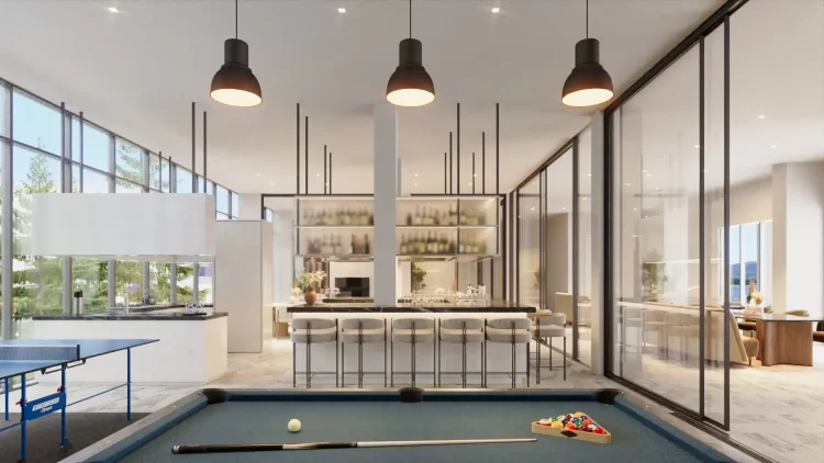 A residents' lounge features a bar and games area.