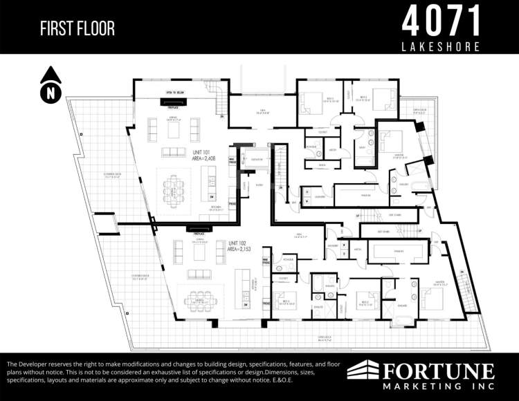 Floor plan showing the layout of suites #101 and #102.