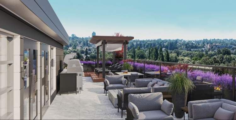 Resident amenities include a landscaped roof terrace.