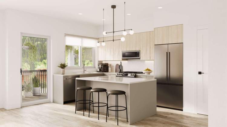 Kitchens feature flat-panel cabinetry and stainless steel appliances.