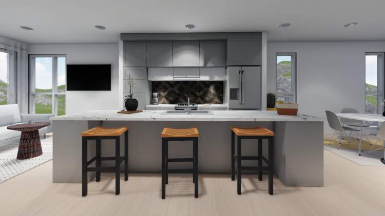 Kitchens feature stainless steel Samsung appliances, flat-panel cabinetry, and quartz countertops.