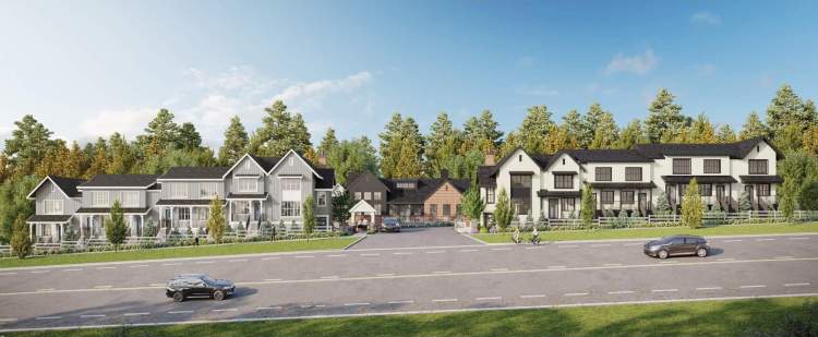 A collection of 165 Modern-Farmhouse-style 2- to 4-bedroom townhomes.