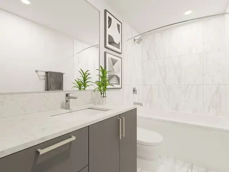 Bathrooms where designer lighting meets two-jet showers.
