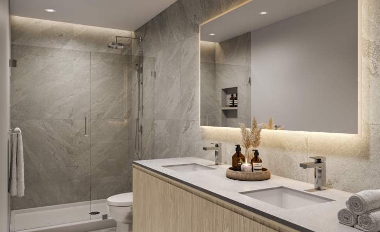 Alma's main bathrooms include a custom-tiled shampoo shower niche.