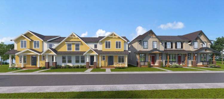 Exterior of 3-storey rowhomes with two different floorplans.