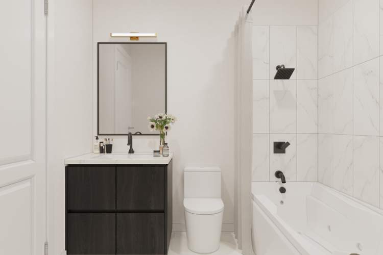 Bathrooms are customized with one of two colour palettes.