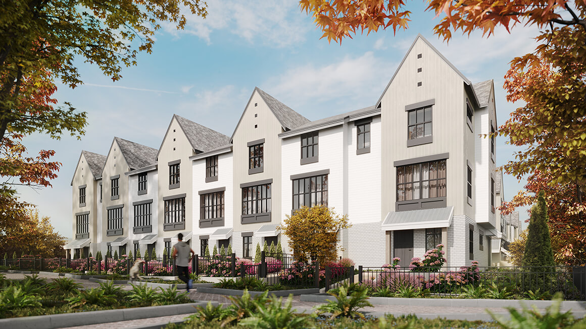 A new Yorkson townhome community with façades designed with three colour schemes.