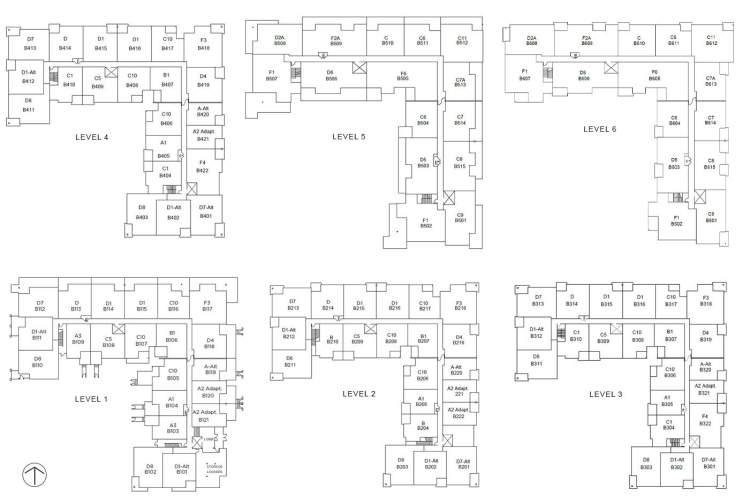 Plan showing distribution of Building B floorplans. 