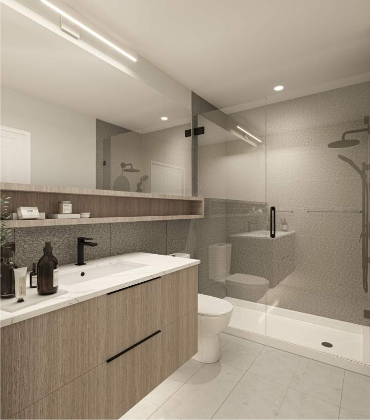 Main Bathrooms at Vera Langley Include a frameless walk-in shower, quartz countertops, floating cabinetry, and black fixtures. 