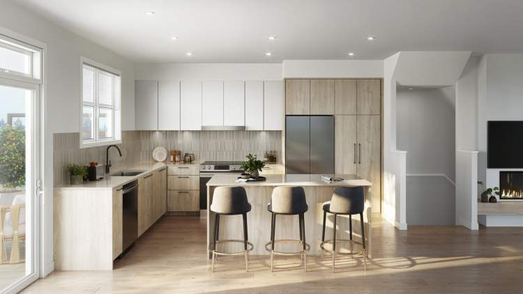 Gourmet kitchens feature stainless-steel Samsung appliances and two-tone cabinetry.