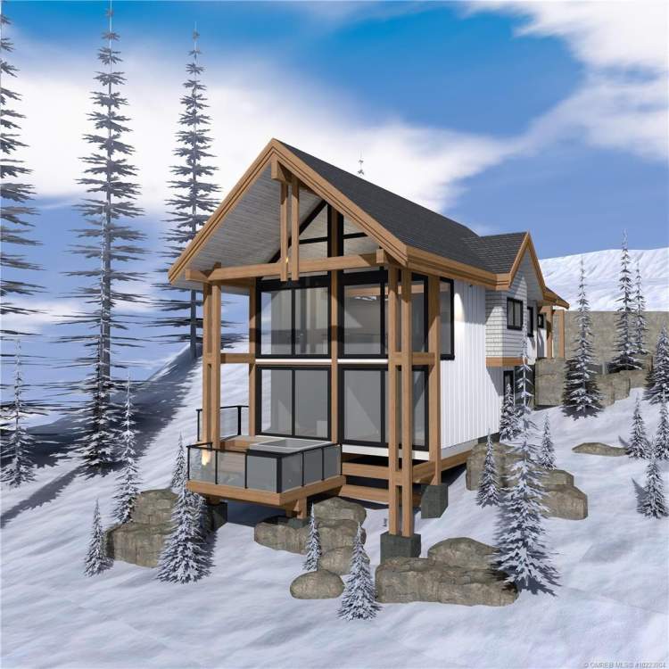 Artist rendering of a the front exterior of a walkout chalet.