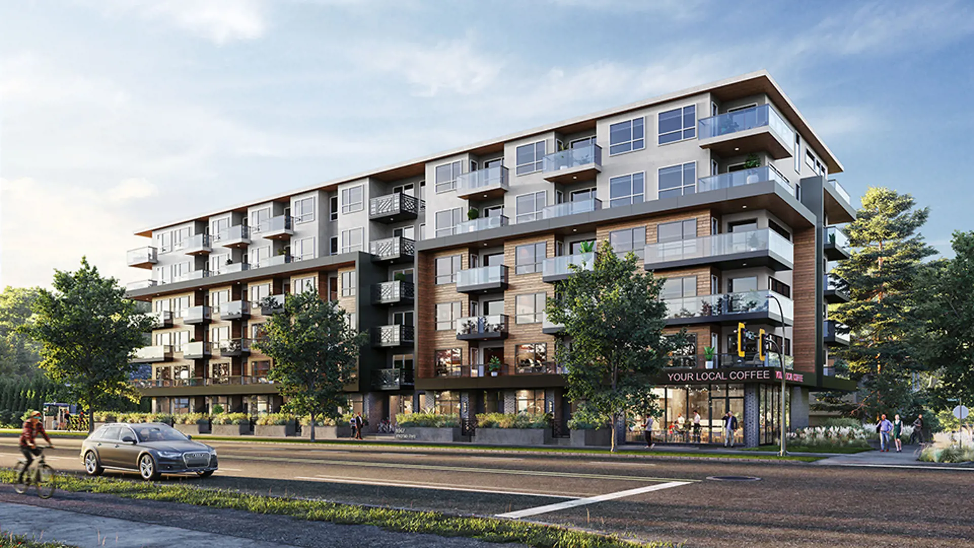 Oak & Stone Saanich is a mixed-use, 6-storey Saanich mid-rise with 87 condos.