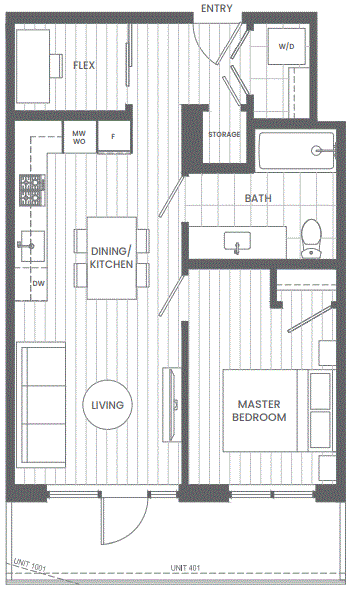 One Park Tower C Plan B1 1-bed + flex floor plan.
