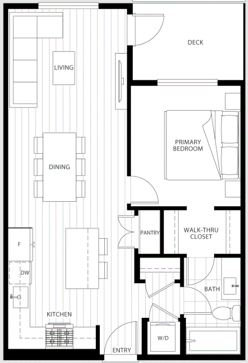 The Flats at The Rail District 1-bedroom floor plan details.