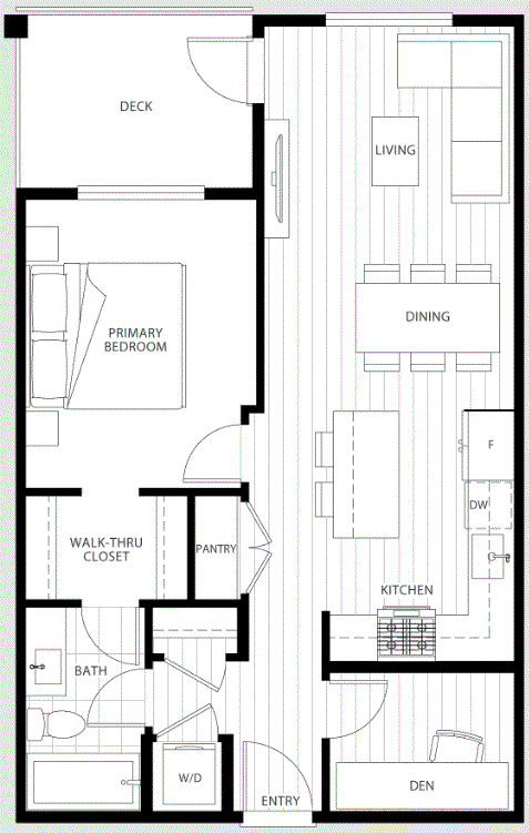 The Flats at The Rail District 1-bedroom + den floor plan details.