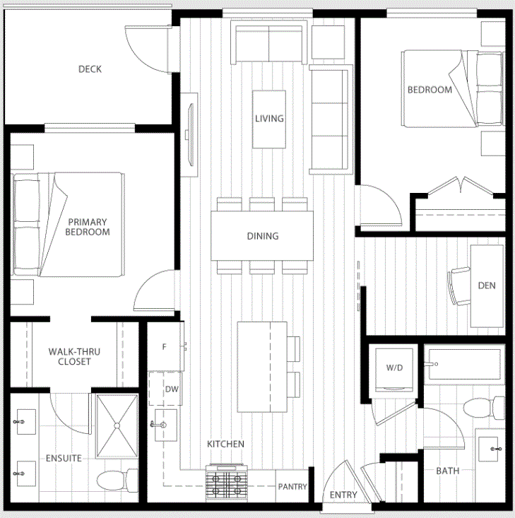 The Flats at The Rail District 2-bedroom + den floor plan details.