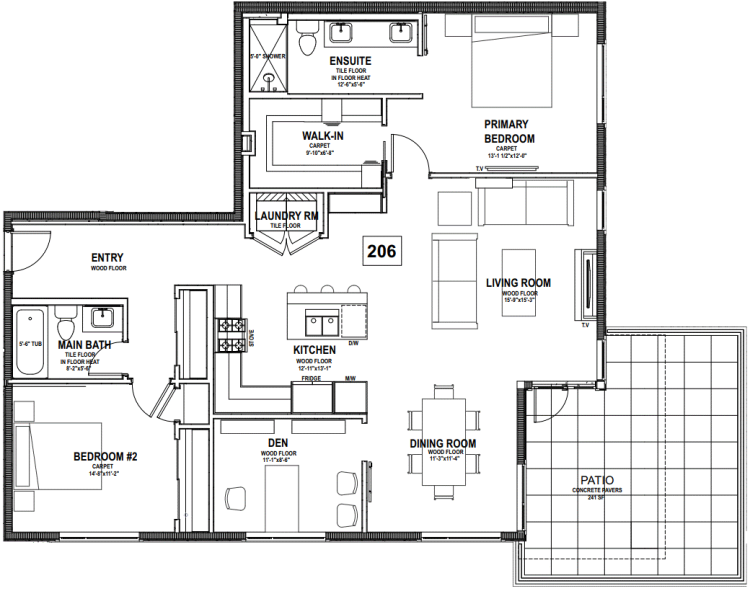 The Tides at Cordova Bay 2-bedroom floor plan for unit 206.
