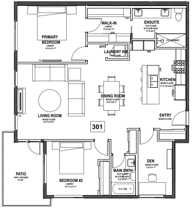 The Tides at Cordova Bay 2-bed + den floor plan for unit 301.