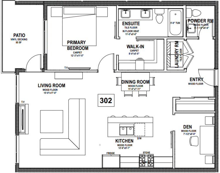 The Tides at Cordova Bay 1-bed + den floor plan for unit 302.