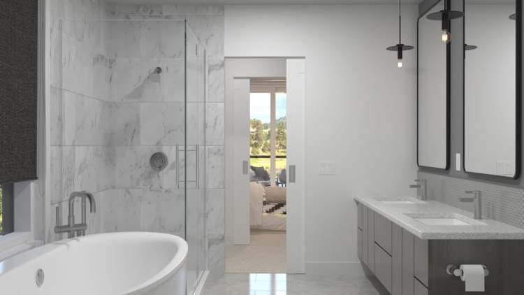 Select plans include frameless glass shower enclosures and freestanding tubs.